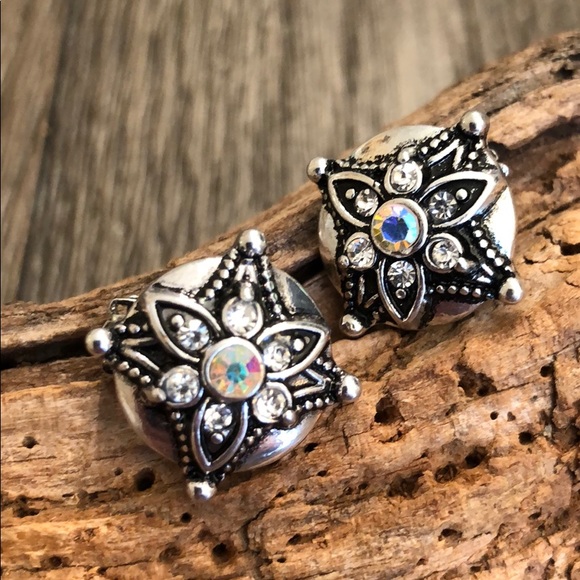 Vintage Round Clip Earrings with Rhinestone Center - Picture 10 of 12